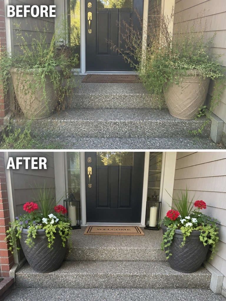 Before and after of porch steps with overgrown plants and tidy flower pots