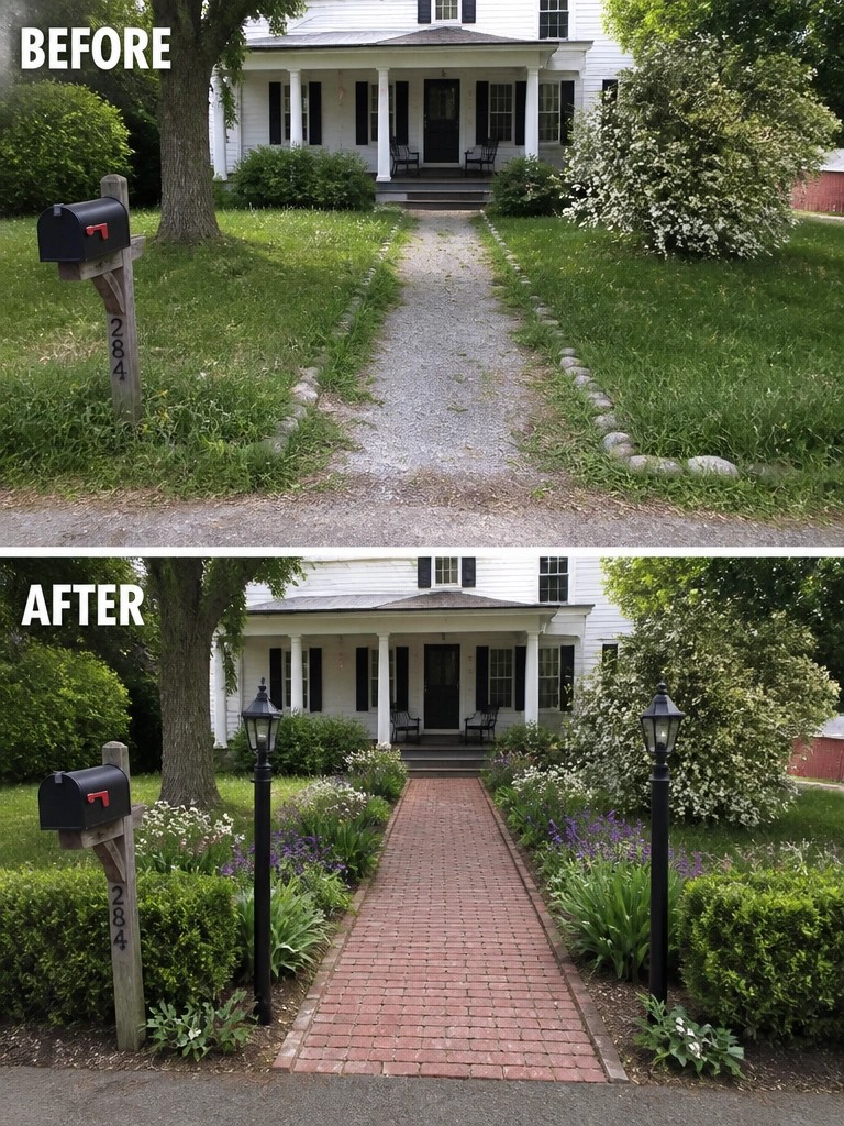 Before-and-after image of a front yard showing a gravel path changed to a brick walkway with added garden beds and pathway lights.