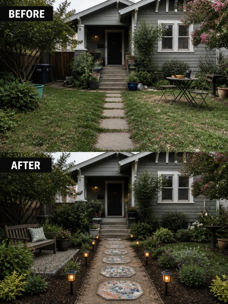 Before and after front yard with colorful mosaic path, lanterns, and bench
