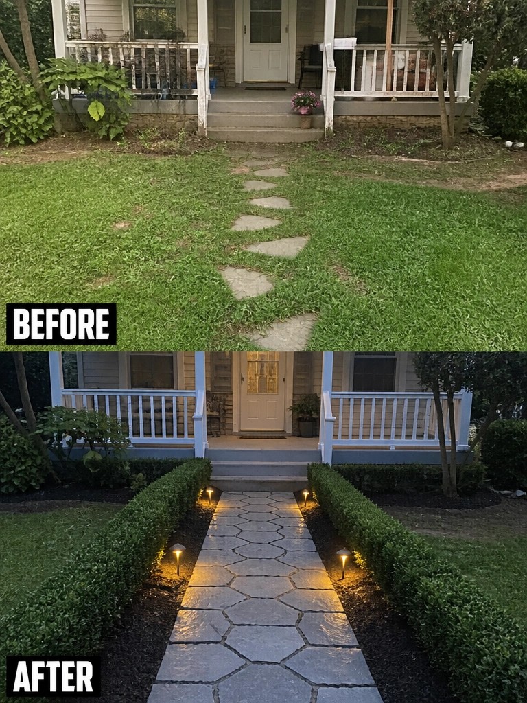 Before and after: stepping stone path in lawn upgraded to illuminated walkway with hedges