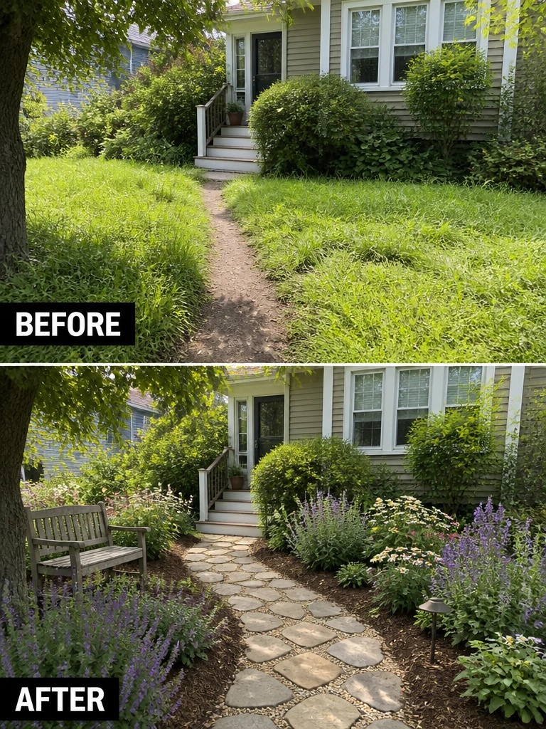 Before-and-after image of an overgrown front yard with a dirt path changed into a landscaped yard with a stone walkway, mulched garden beds, and a bench.
