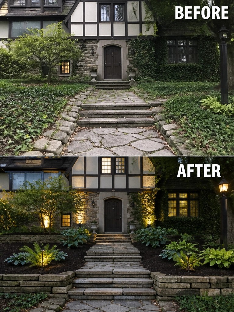 Before and after of Tudor house entrance with upgraded landscaping and lighting