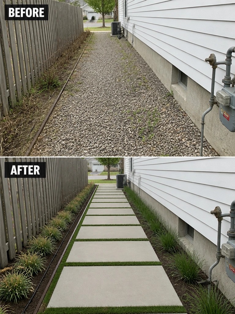 Before and after of gravel path transformed into concrete paver walkway beside house.
