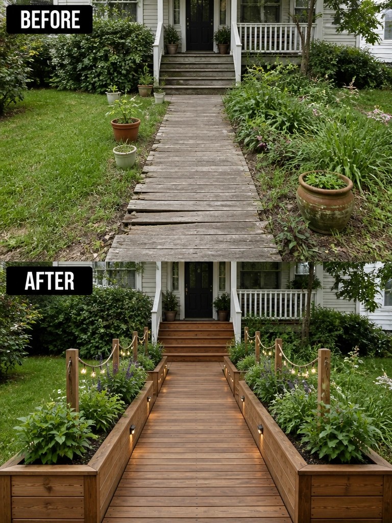 Before and after of renovated wooden path with lit planters and flowers.