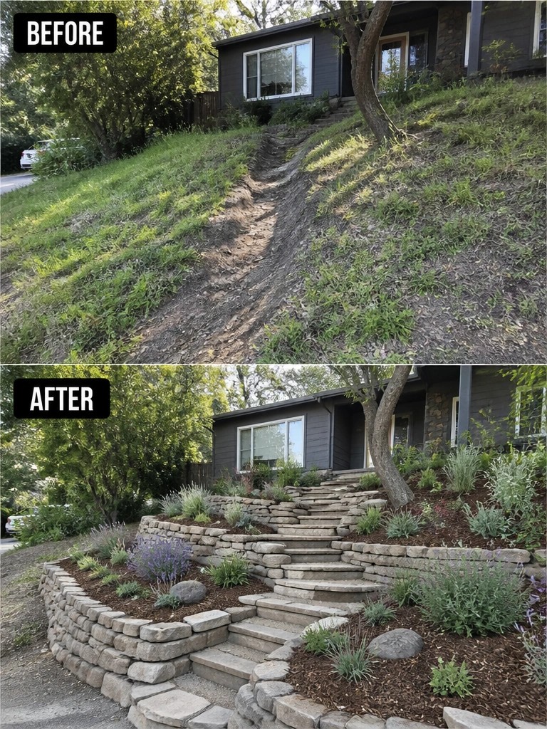 Before-and-after hillside transformed with stone walls, steps, and landscaping