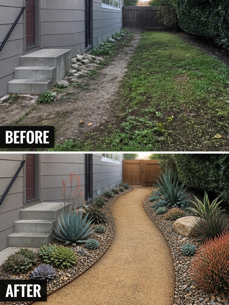 Before-and-after image of an overgrown side yard changed into a clean gravel path lined with rock edging and succulent plantings.