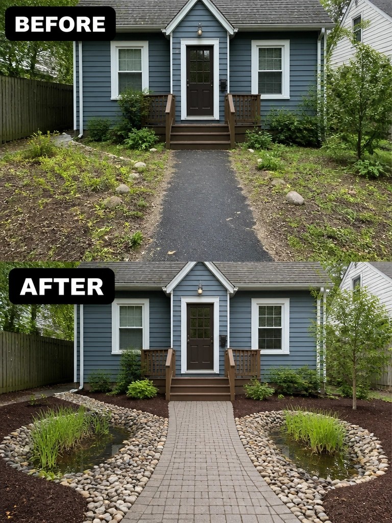 Before and after views of blue house with new landscaping, ponds, and brick path.