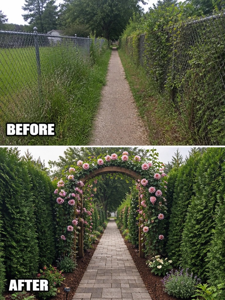 Before-and-after image of an overgrown gravel path changed into a paved walkway framed by a rose-covered arch and trimmed hedges.