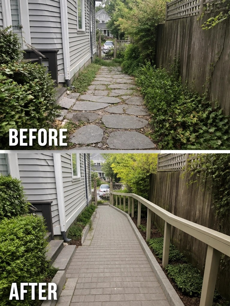 Before and after of overgrown stone path renovated to paved walkway with handrail.