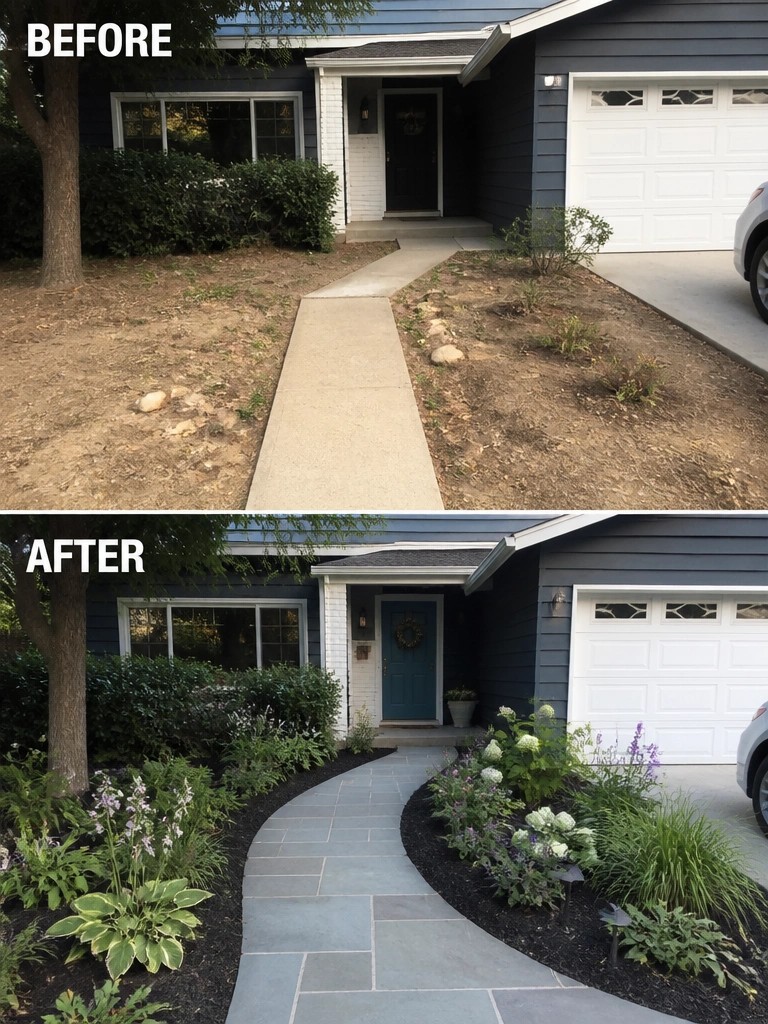 Before-and-after image of a front yard showing a straight concrete path changed to a curved stone walkway bordered by mulched garden beds with new plants.