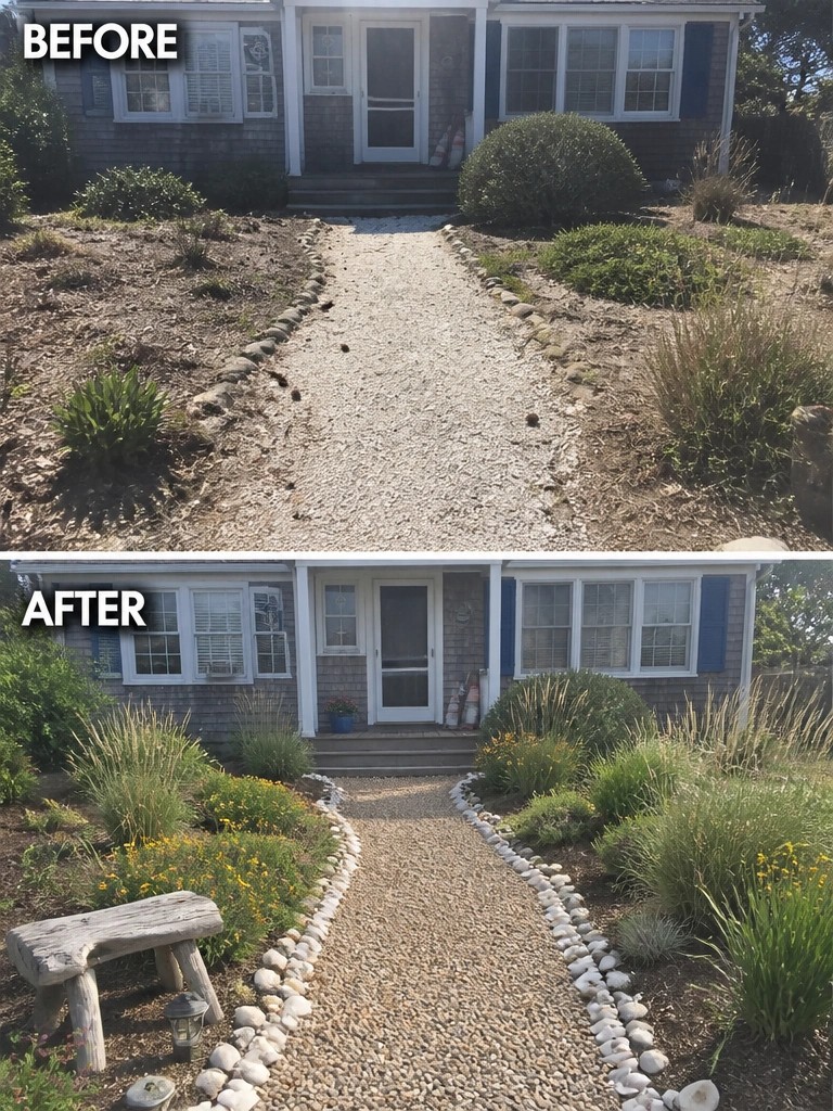 Before and after of house front with gravel path, stone borders and garden plants