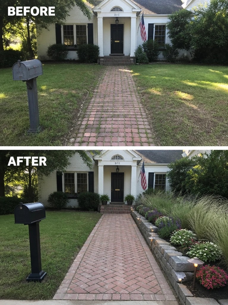 Before and after of brick walkway, black mailbox, and landscaped garden beds at house entrance.