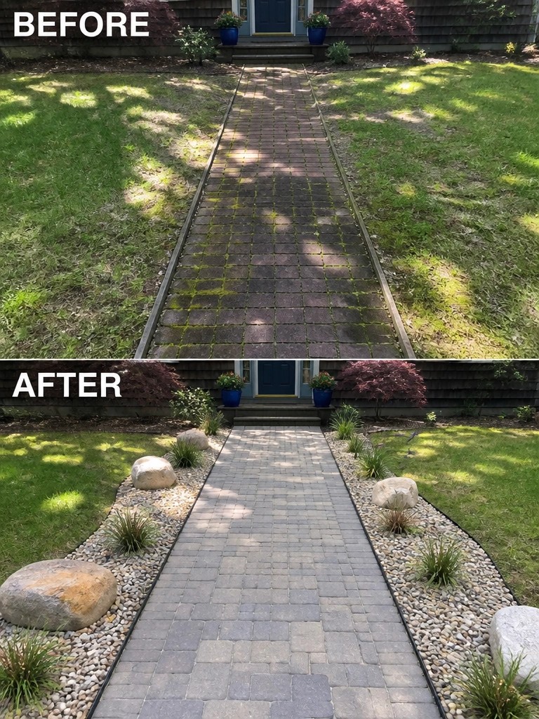 Before-and-after image of a mossy paver pathway updated with gravel borders, rocks, and ornamental grasses along both sides.
