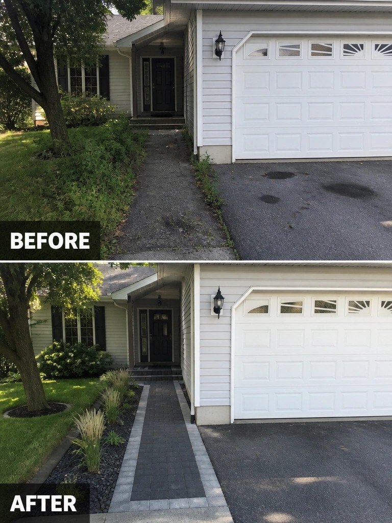 Before and after home exterior with new paved walkway and landscaping.