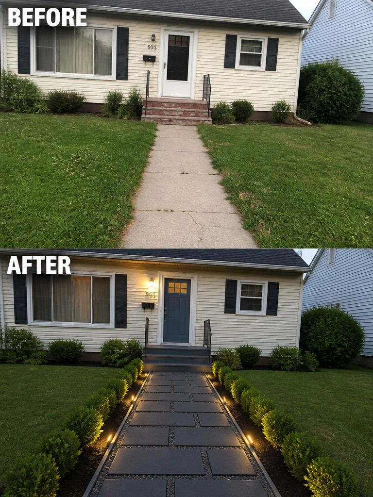 Before and after house exterior with new lighted paver walkway and landscaping