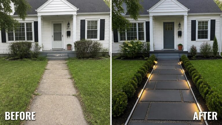 23 Gorgeous Front Yard Transformation Ideas With Pathways Before and after house exterior with new lighted paver walkway and landscaping