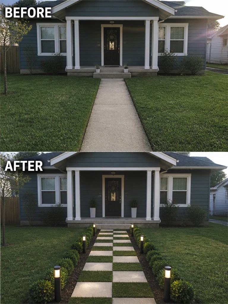Before and after front yard with concrete path replaced by checkered pavers and lights