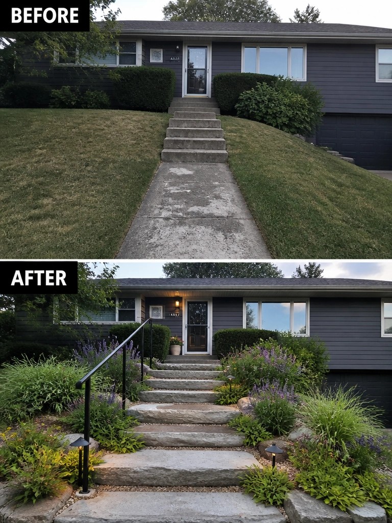 Before-and-after image of a front yard path changed from cracked concrete to natural stone steps with added garden beds and lighting.