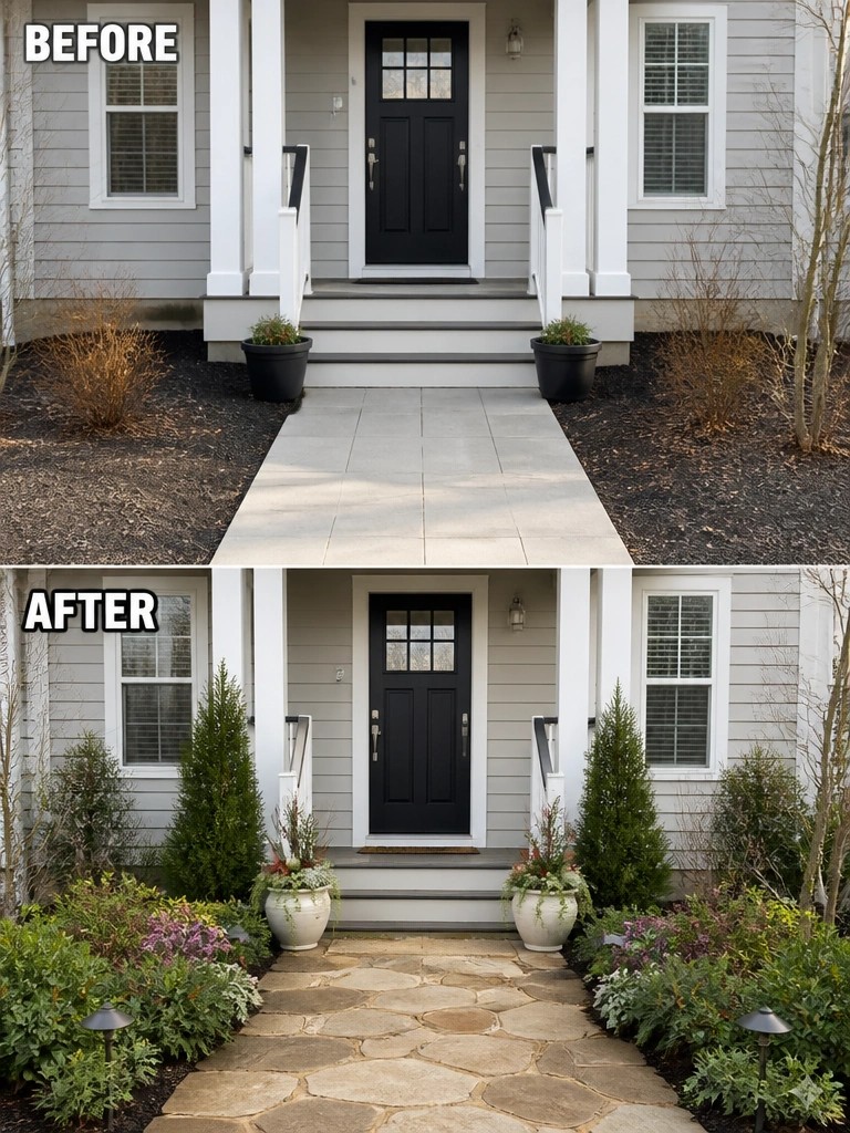 Before and after home entrance with stone path, plants, and black door.