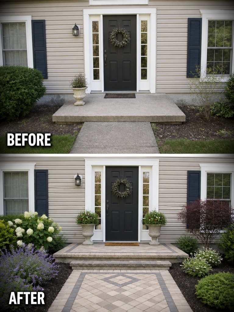 Before-and-after image of a front entry showing a plain concrete walkway replaced by a patterned paver path with added steps and garden beds.