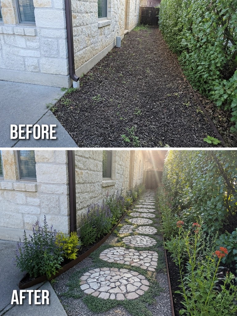 Before and after of mulched path beside stone house, now with pavers and flowers.
