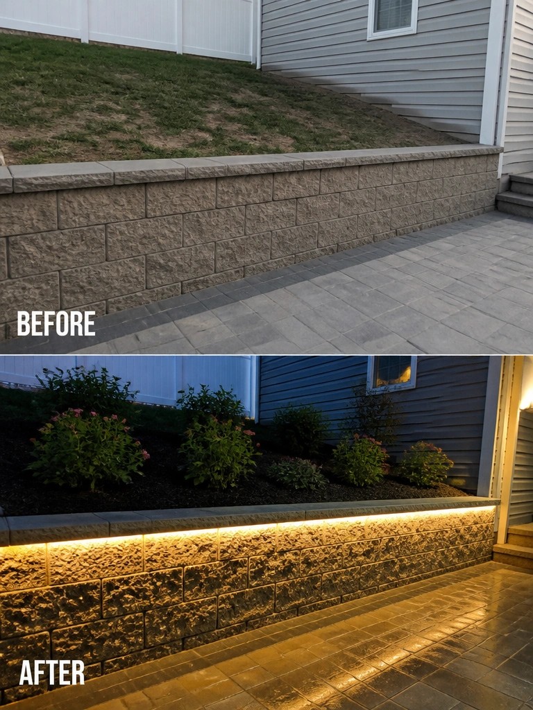 Before and after of stone retaining wall with added plants and LED lighting.