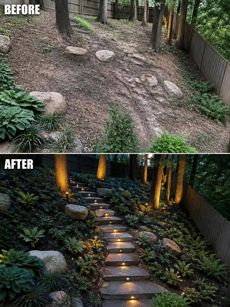 Before-and-after image of a sloped backyard dirt path changed into a stone staircase with integrated pathway lighting and added landscaping.