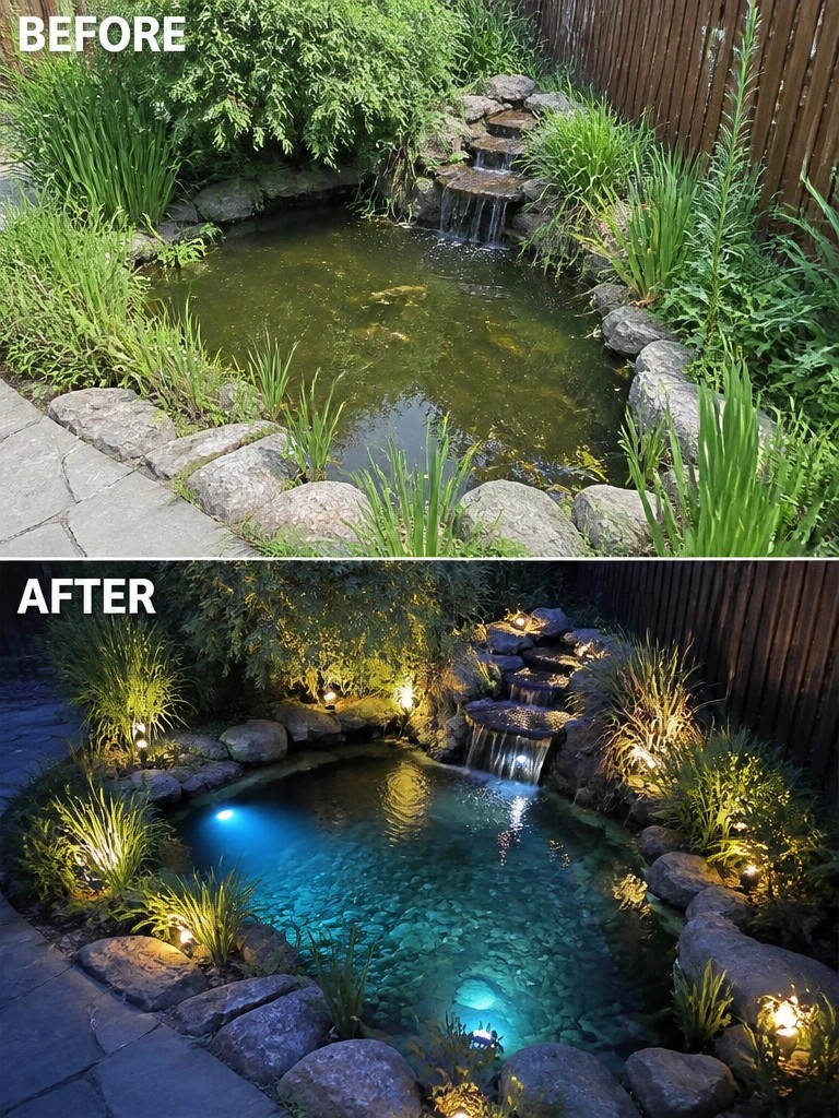 Before and after of murky daytime pond transformed into illuminated nighttime water feature