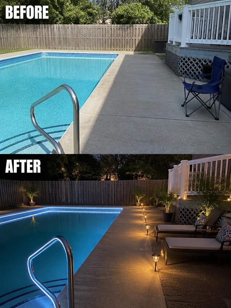 Before-and-after pool area with added nighttime lighting, lounge chairs and potted plants