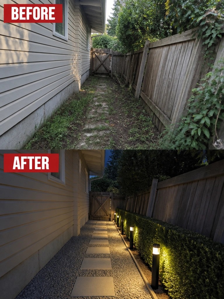 Before-and-after image of an overgrown side yard transformed with a gravel path, pavers, a hedge, and path lighting.