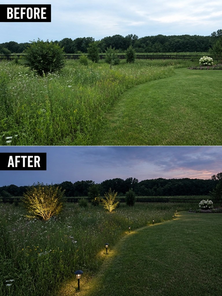 Before-and-after meadow with winding path, wildflowers, and dusk landscape lighting