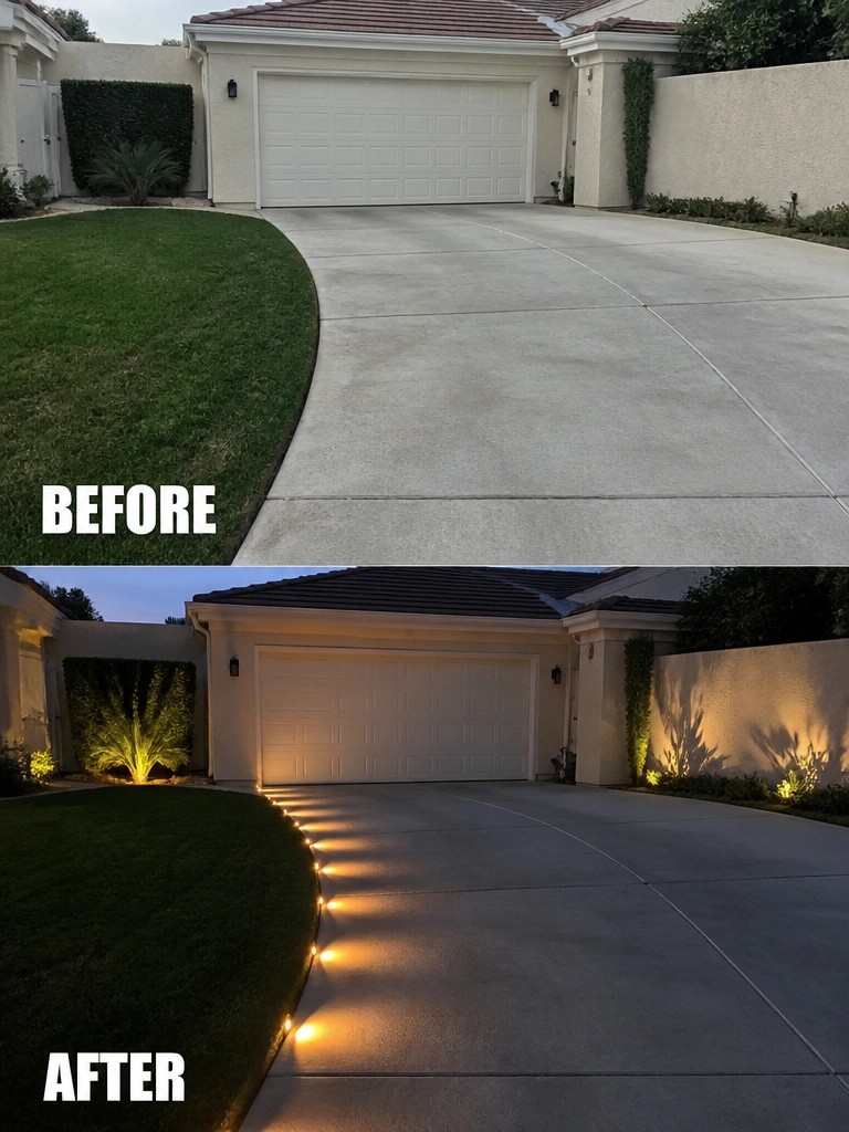 Before-and-after driveway with new glowing pathway and landscape lights at dusk.