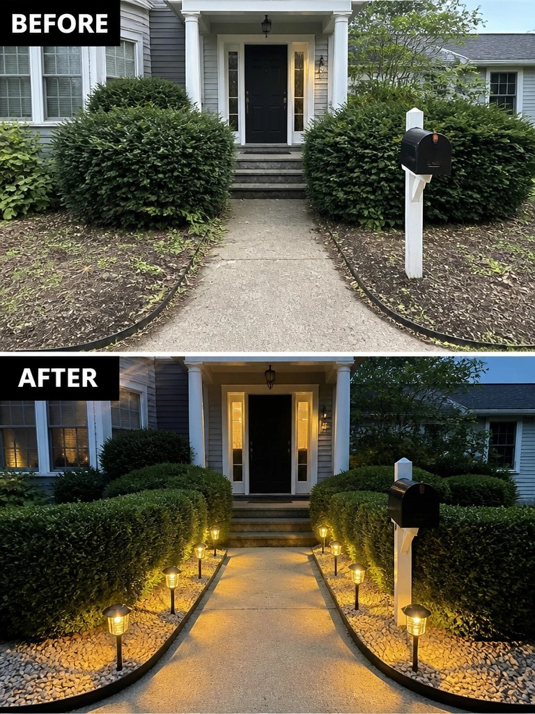 Before-and-after image of a front yard showing overgrown bushes changed into trimmed hedges with gravel borders and pathway lighting along the walkway.