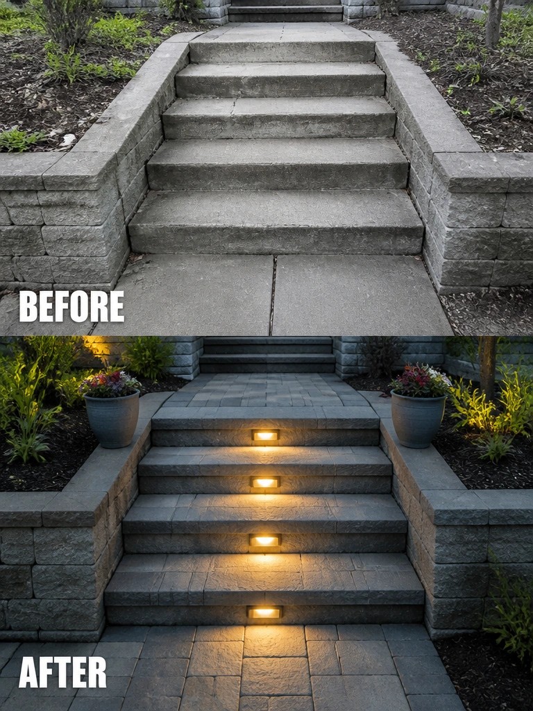 Before and after of stone steps with added recessed lights and planters.