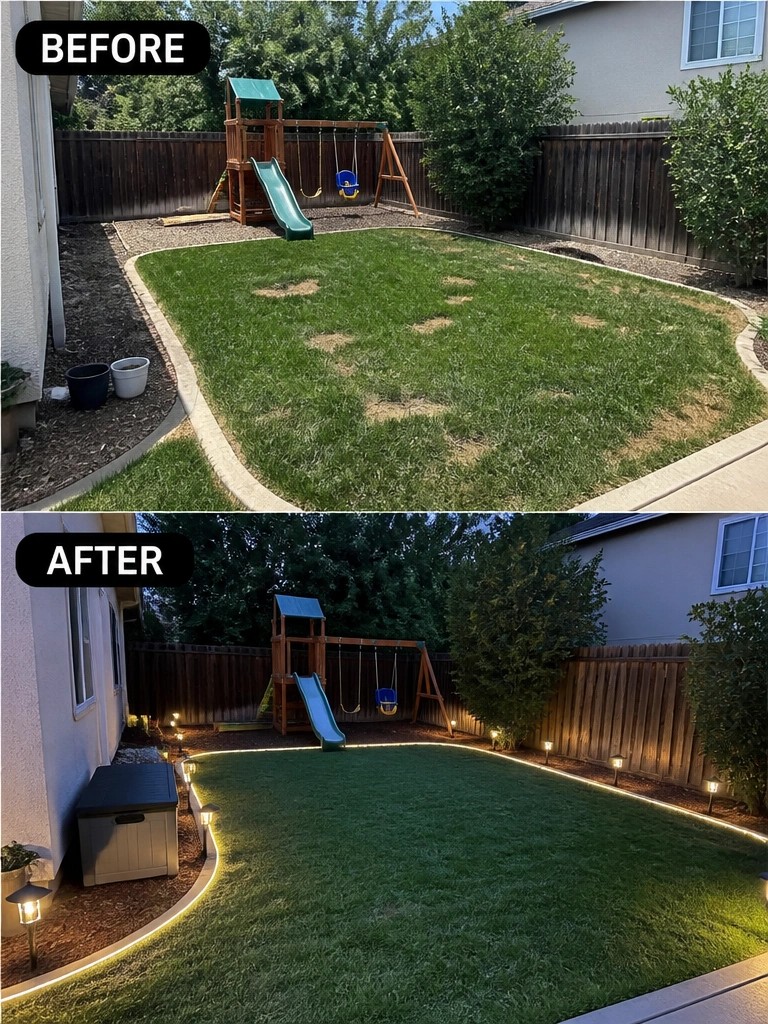 Before-and-after image of a backyard showing a patchy lawn transformed with defined borders and added low landscape lighting.