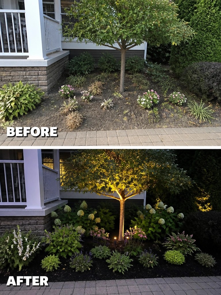Before-and-after image of an overgrown garden bed transformed into a structured landscape with new plants, mulch, and outdoor lighting highlighting the tree.