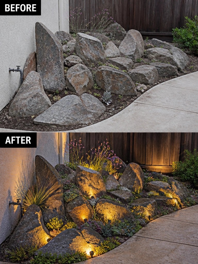 Before and after of rocky garden bed with added plants and lighting