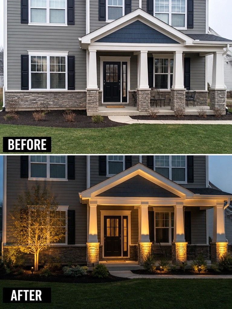 Before and after views of gray house with illuminated porch columns and landscaping lights
