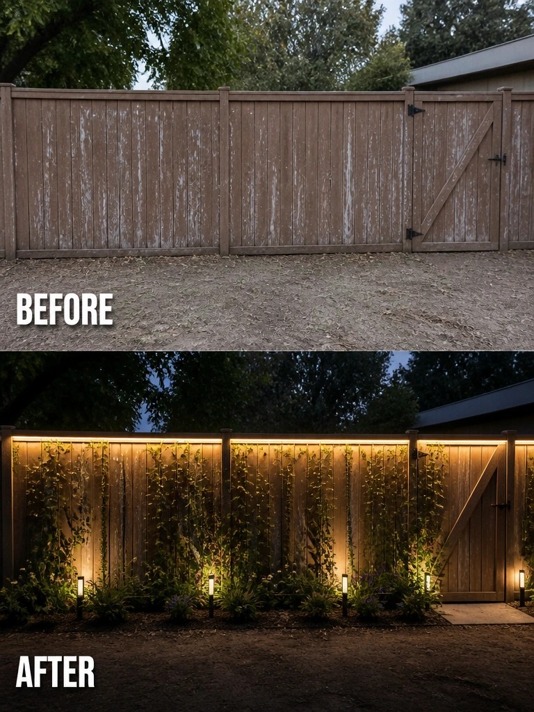 Before-and-after image of a plain wooden fence changed into a planted boundary with climbing vines, base garden beds, and outdoor lighting.