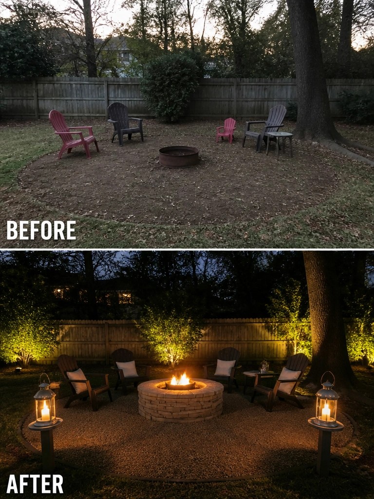 Before and after backyard fire pit with chairs, lanterns, and night lighting