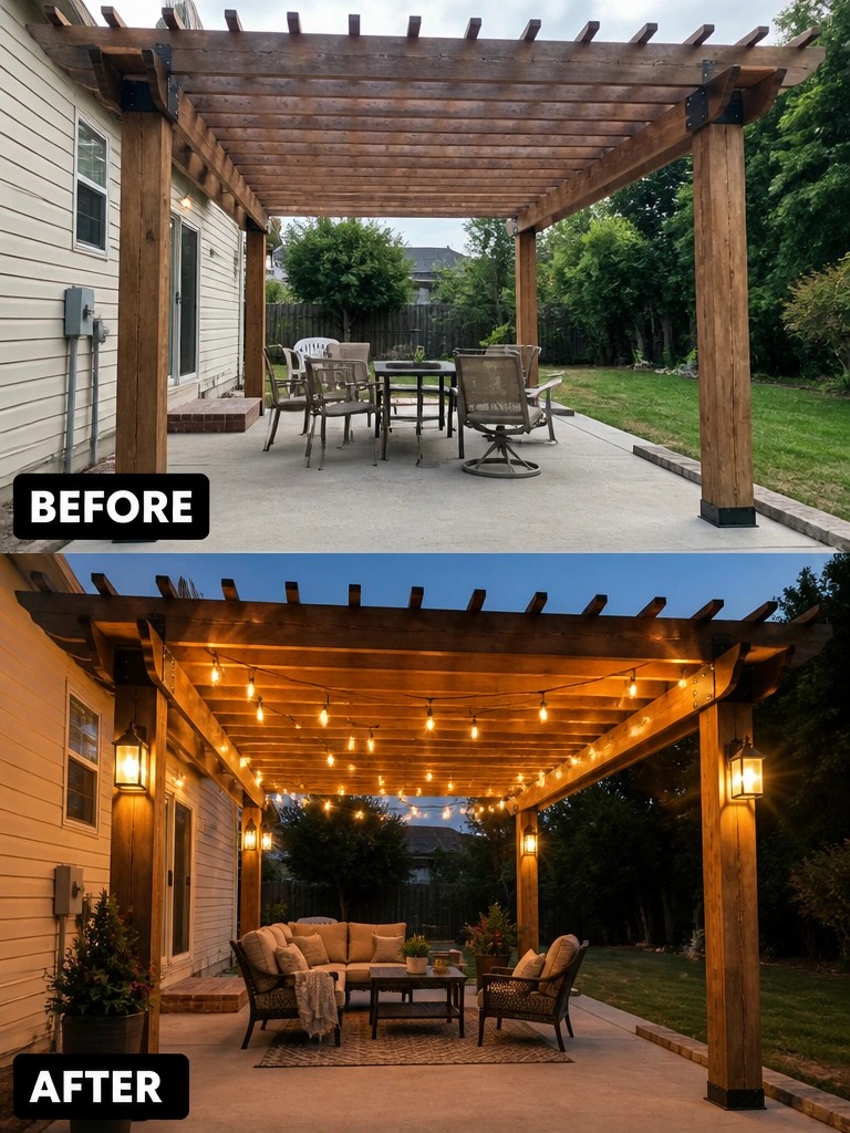 Before-and-after wooden pergola patio with string lights, cozy seating, and evening glow.