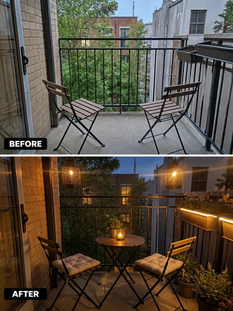 Before-and-after image of a bare balcony with two folding chairs transformed into a furnished seating area with a round table, cushions, plants, and outdoor lighting.
