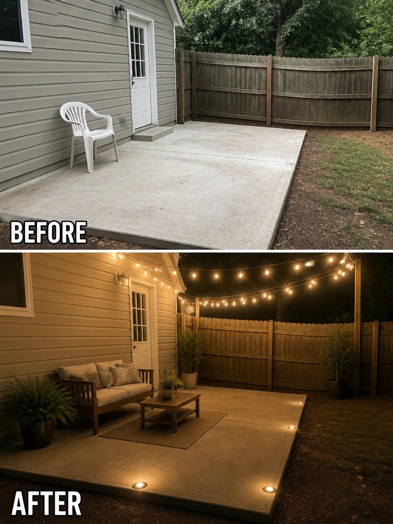 Before-and-after image of a bare concrete patio transformed with string lights, seating, plants, and ground lighting.