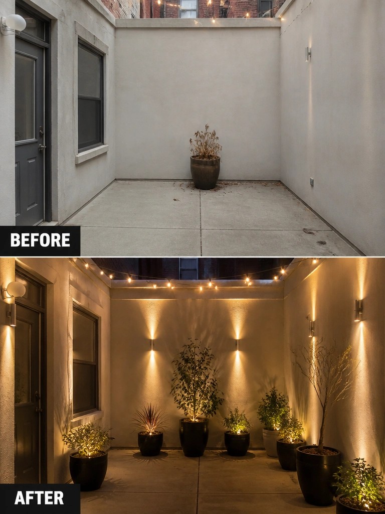 Before-and-after image of a plain concrete courtyard updated with wall sconces, string lights, and multiple potted plants.