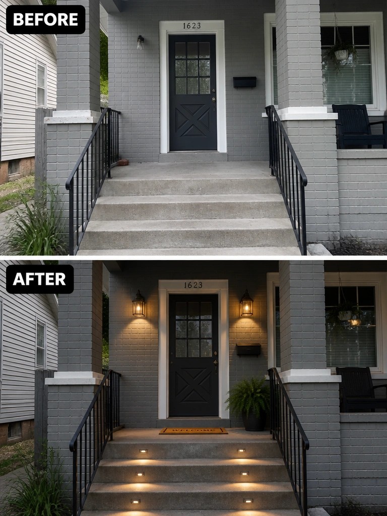 Before and after porch renovation with added step lights, lanterns and welcome mat