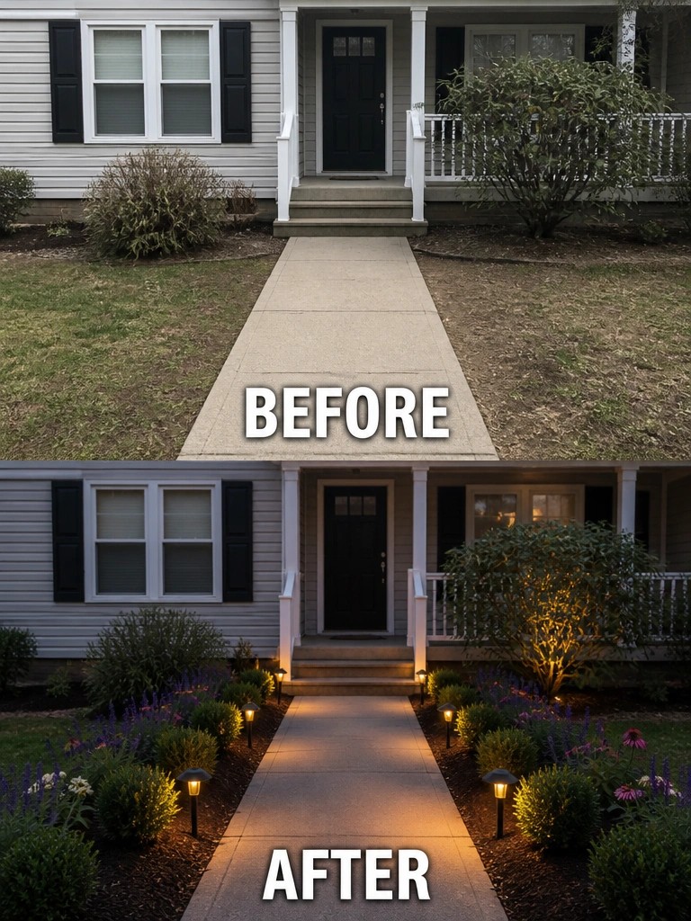 Split view of house walkway before plain concrete and after with lights and flowers
