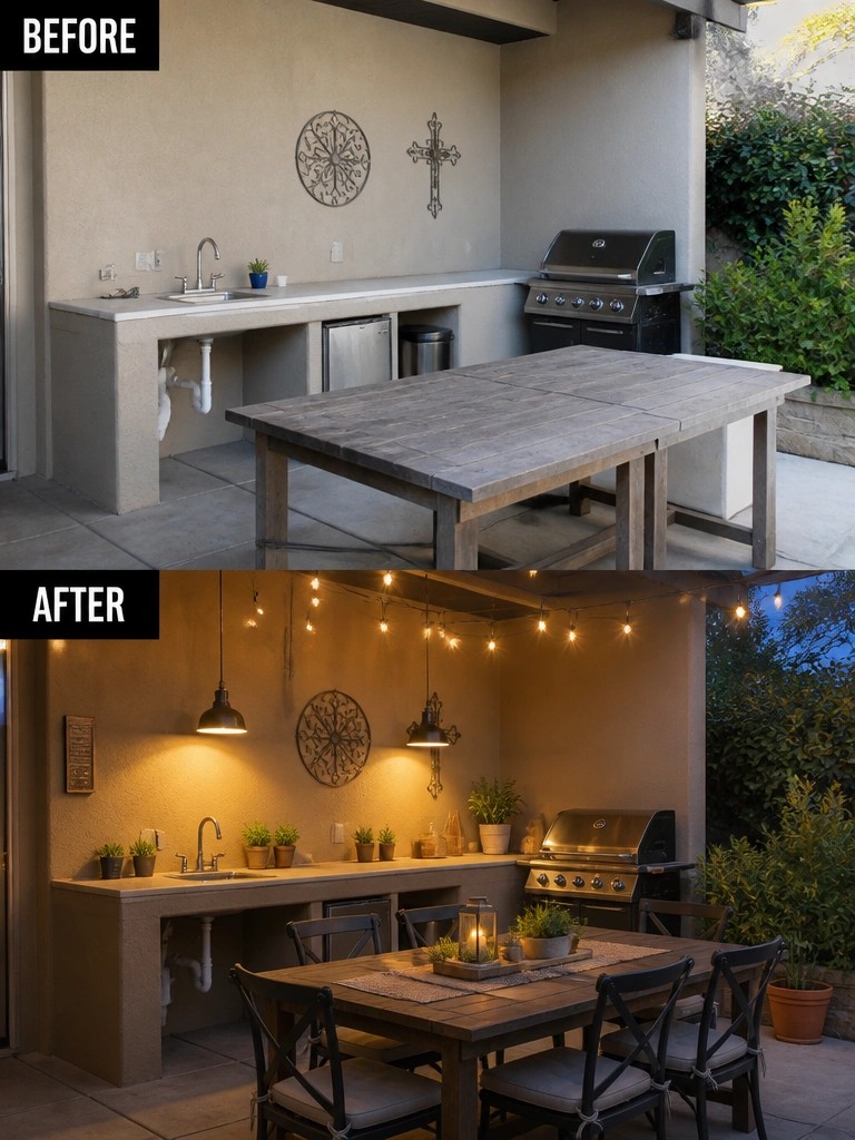 Before and after of outdoor kitchen patio with string lights and dining table