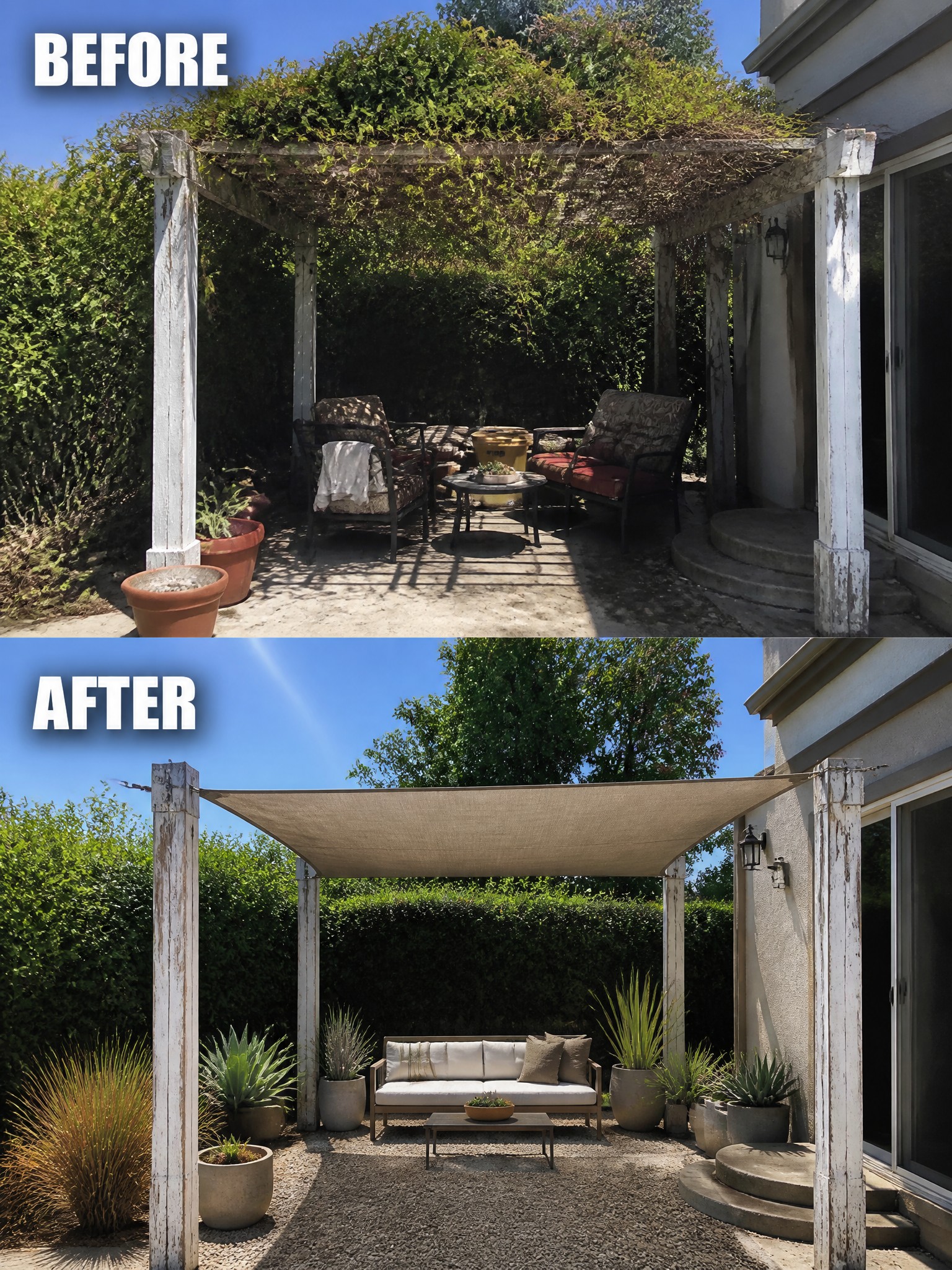Before: overgrown patio with furniture and plants; After: clean patio with modern furniture and plants.