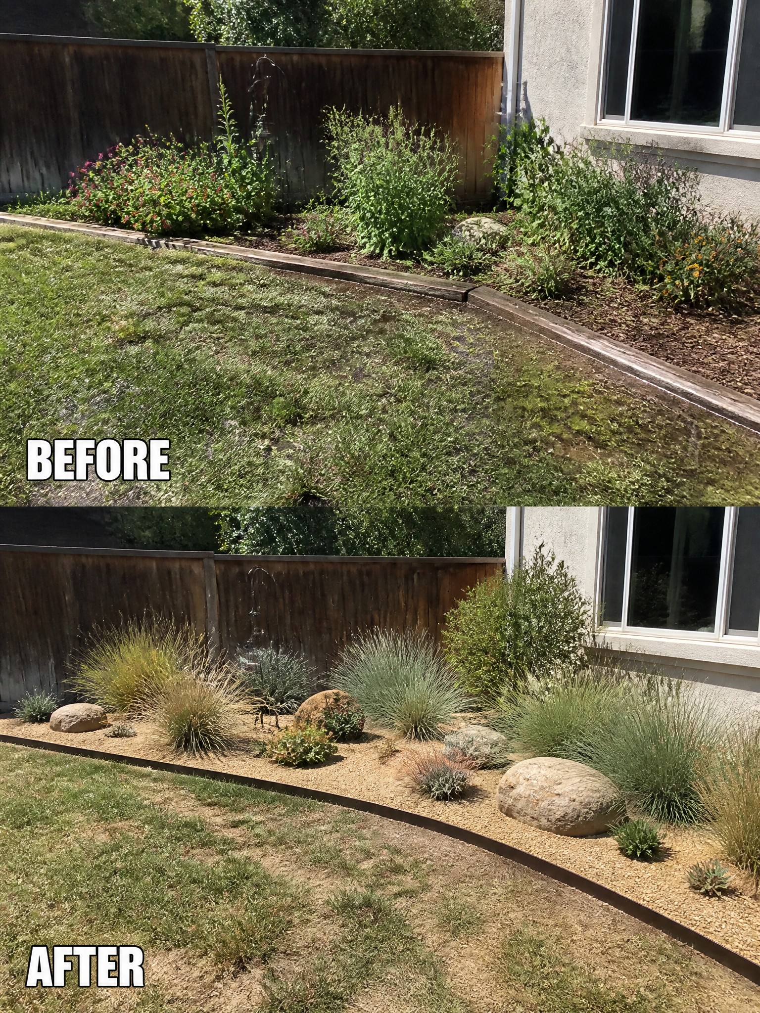 Lush garden transformed into a minimalist landscape with rocks and dry plants.