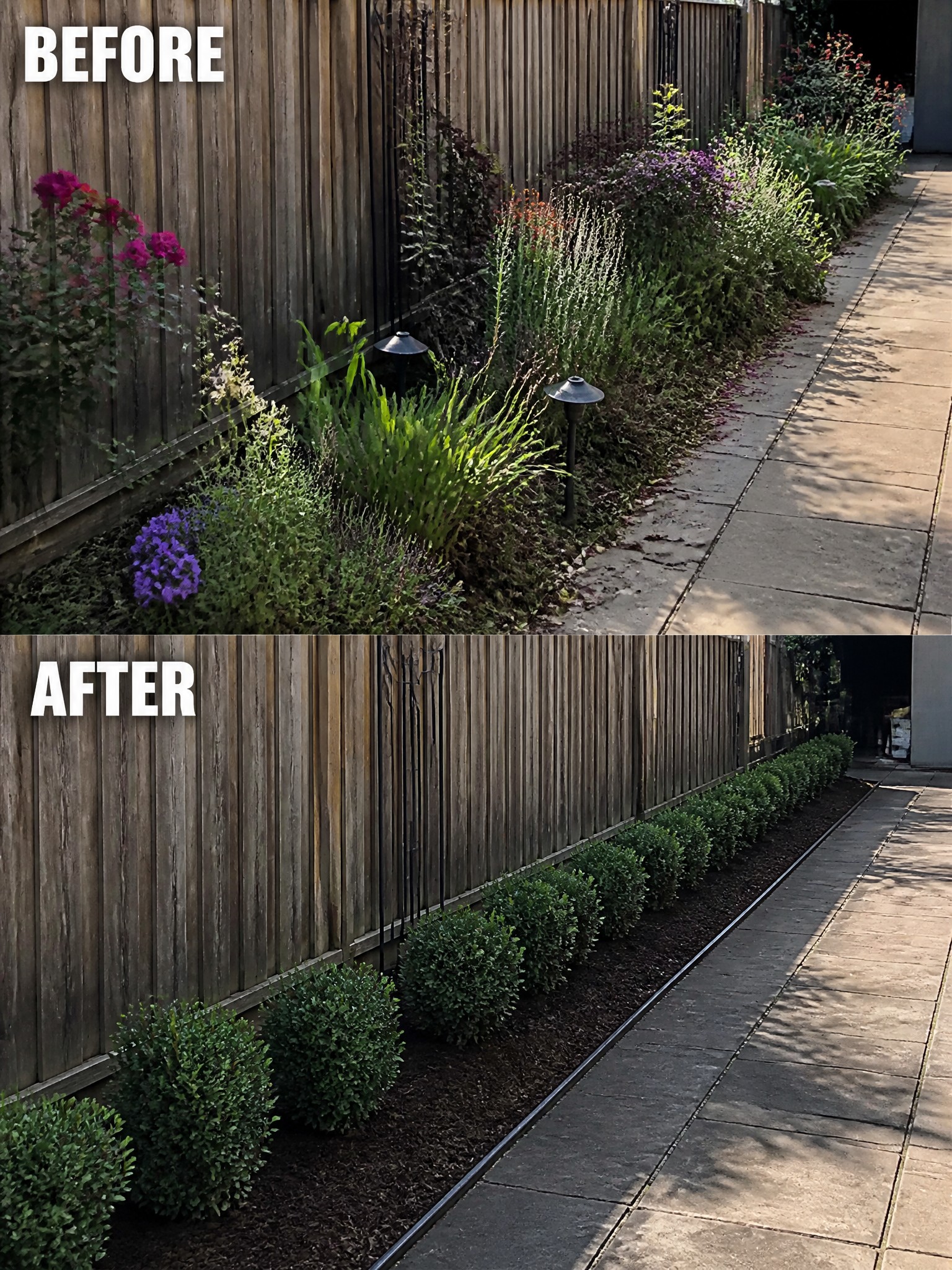 Side-by-side comparison of a garden before and after landscaping updates.